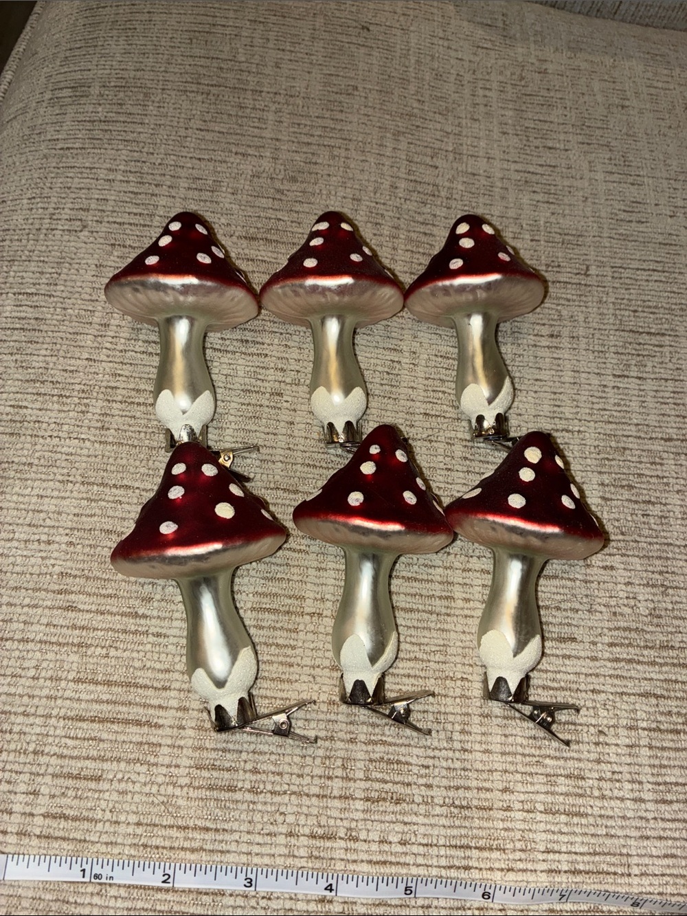Red and Silver Glass Mushroom Clip Ornaments set of 6